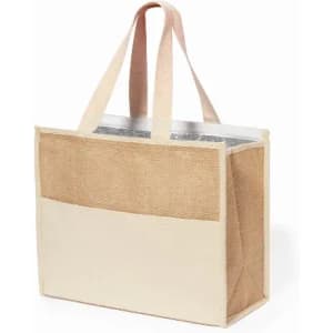 A tote bag with a natural jute exterior, featuring a clear top and cream-coloured accents.