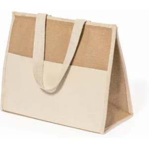 A tote bag made of natural and beige fabric, featuring sturdy handles and a structured shape.
