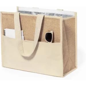 A tote bag featuring a beige exterior and a silver insulated lining, designed with two handles and side pockets.