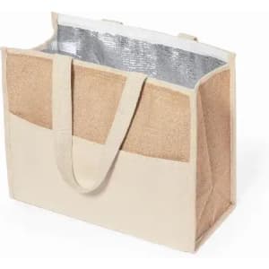 A reusable insulated tote bag featuring a natural jute exterior and a silver lining, with sturdy handles.
