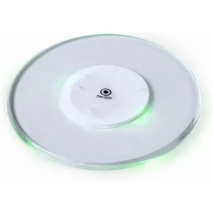 A round, white LED lamp with a central on/off switch and glowing green lights around the edge.