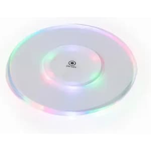 A circular light base with a transparent design, featuring multi-coloured LED lights around the edge.