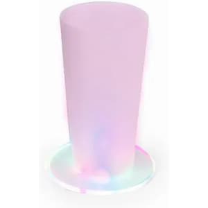 A drink bottle in pastel pink with an LED base that glows in multiple colours. The bottle has a simple design and branding.