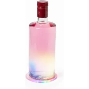 A drink bottle with a red cap, featuring a gradient from pink to clear, set on a circular base. It has a logo.
