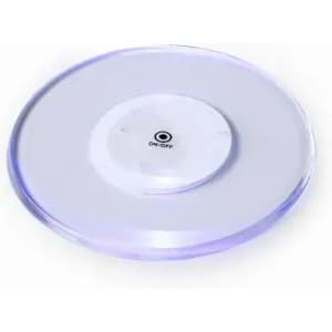 A round white and clear glass dish with an illuminated base and an on/off switch in the centre.