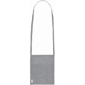 A grey shoulder bag with a long strap and a rectangular base. The bag features a small logo.