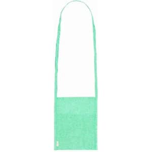 A mint green crossbody bag with a long strap and a rectangular main compartment, featuring a logo.