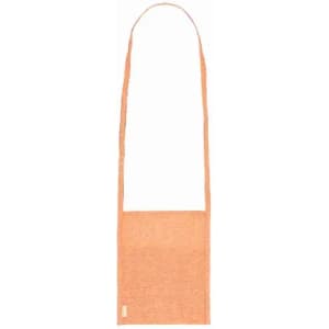 A tote bag in a soft peach colour with a long strap and a rectangular base. It features a small logo.