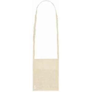 A beige shoulder bag with a long strap and a simple, rectangular design. It features a logo on one side.
