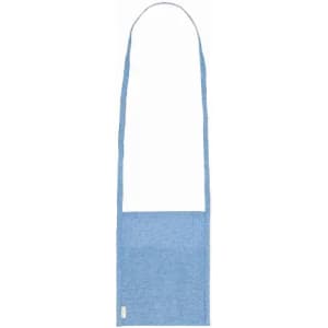 A blue apron with a long strap and a square pocket at the front, featuring a small logo.