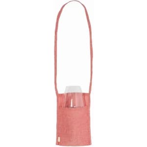 A drink bottle holder in a coral fabric with a long strap, featuring a transparent drink bottle inside.