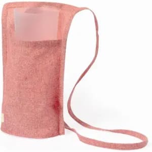 A drink bottle in a pink fabric holder with a long strap, featuring a simple logo.