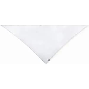 A triangular, white promotional flag with a logo displayed in the corner.
