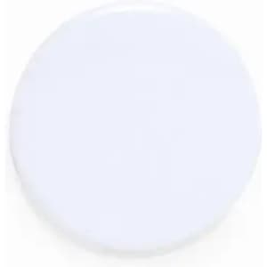 A round white product with a smooth surface, featuring a simple design and a logo.