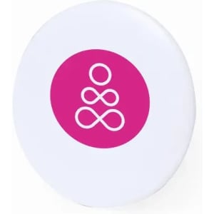 A round white drink bottle with a pink circular logo featuring a stylised design.