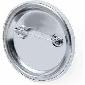 A round metal pin badge with a shiny silver finish and a safety pin clasp on the back.