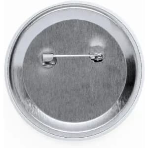 A round metallic pinback button featuring a smooth, reflective surface with a pin attachment on the back.