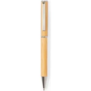 A bamboo pen with a silver clip and a sleek design, featuring a shiny tip.