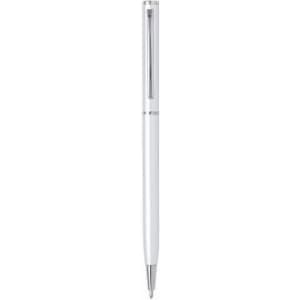 A pen featuring a sleek white design with silver accents and a logo near the top.