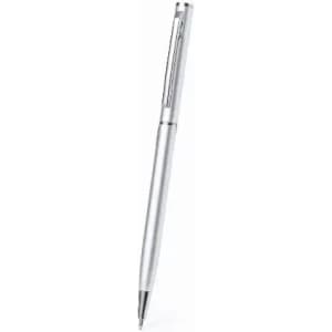 A silver pen with a sleek design and a clip, featuring a smooth finish and a pointed tip.