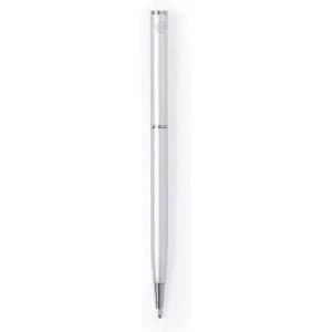 A silver pen with a sleek design, featuring a logo on its body.