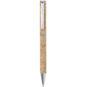 A pen with a cork body and silver accents, featuring a clip and a polished metal tip.