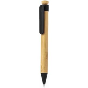 A bamboo pen featuring a black clip and tip, with a natural bamboo finish. It includes branding on the barrel.