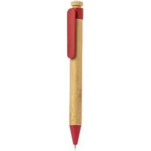 A bamboo ballpoint pen with a red plastic clip and tip. It features a natural wood finish and a minimalist design.