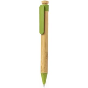 A bamboo pen with a green clip and tip. It features a simple design and natural wood finish.