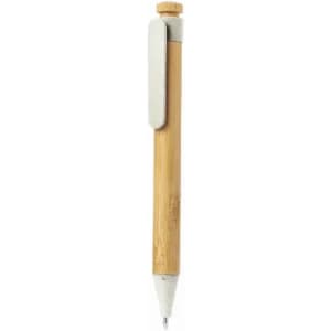A bamboo pen with a silver clip and white tip. The pen features a natural wood finish.