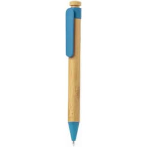 A bamboo pen with a blue plastic clip and tip, featuring a natural wooden barrel.
