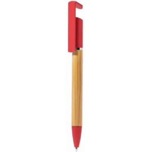 A pen with a bamboo barrel and a red cap, featuring a sleek and modern design.