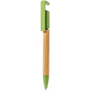 A pen featuring a green top and clip, with a bamboo barrel. The pen has a logo on one side.