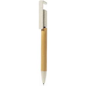 A pen with a bamboo barrel and a light-coloured, textured cap. It features a logo on the barrel.
