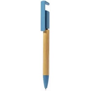 A blue and bamboo pen featuring a sleek design and a clip at the top. The pen has a smooth, retractable tip.