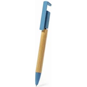 A pen featuring a blue cap and a wood-textured barrel. It has a logo on the clip.