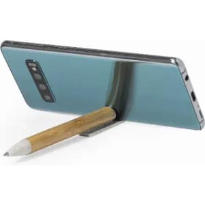 A phone propped up with a wooden pencil as a stand, featuring a metallic and blue back.