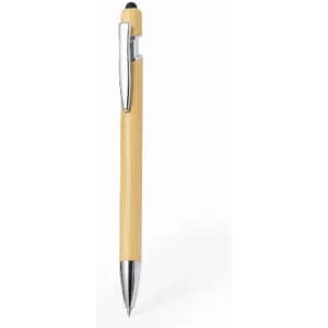 A bamboo pen with a chrome clip and tip, featuring a smooth finish and a sleek design.