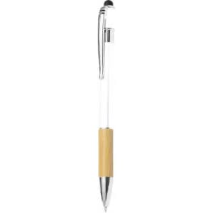 A ballpoint pen with a clear barrel and a bamboo grip, featuring a silver metal tip and clip.