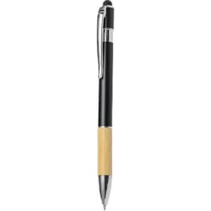 A black and bamboo pen with a shiny silver clip and a chrome tip, featuring a logo.
