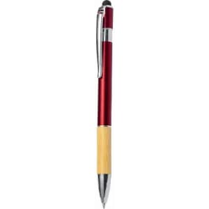 A pen with a red metal barrel and a bamboo lower section, featuring a sleek chrome clip.