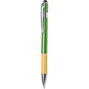 A green and bamboo ballpoint pen with a shiny silver clip and tip, featuring a branding logo.
