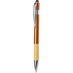 A pen featuring an orange metallic body with a bamboo base and a silver clip. It includes a stylus tip.