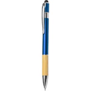 A pen with a blue metal body and a bamboo lower section, featuring a silver clip and tip.