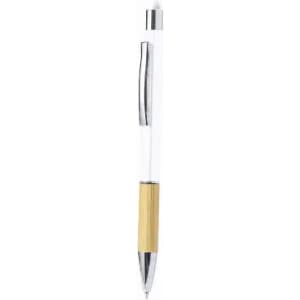 A pen featuring a white barrel, chrome accents, and a textured bamboo grip. It has a logo on the barrel.