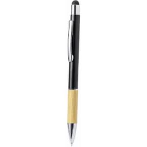 A pen featuring a black barrel, chrome accents, and a bamboo grip, with a stylus tip at one end.