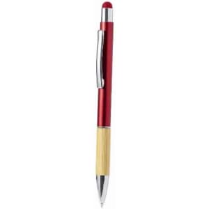 A red and silver pen with a bamboo accent and a smooth writing tip. The design includes a clip for attachment.