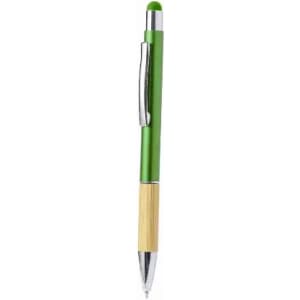 A pen featuring a green barrel and a bamboo handle, with a silver clip and decorative details.