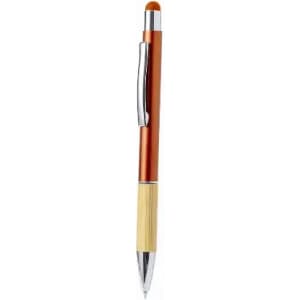 A pen with a silver clip, brown metallic body, and a bamboo section. It features a glossy finish.