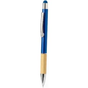 A blue pen with a silver clip and a wooden grip section. It features a stylus tip on the end.